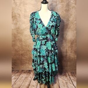 Topshop Floral Puff Sleeve Cutout Tiered Dress– Size US 6